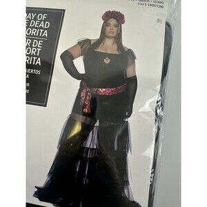 Day Of The Dead Senorita Costume Dress Shawl Gloves Headband Women Plus 2X 16-18